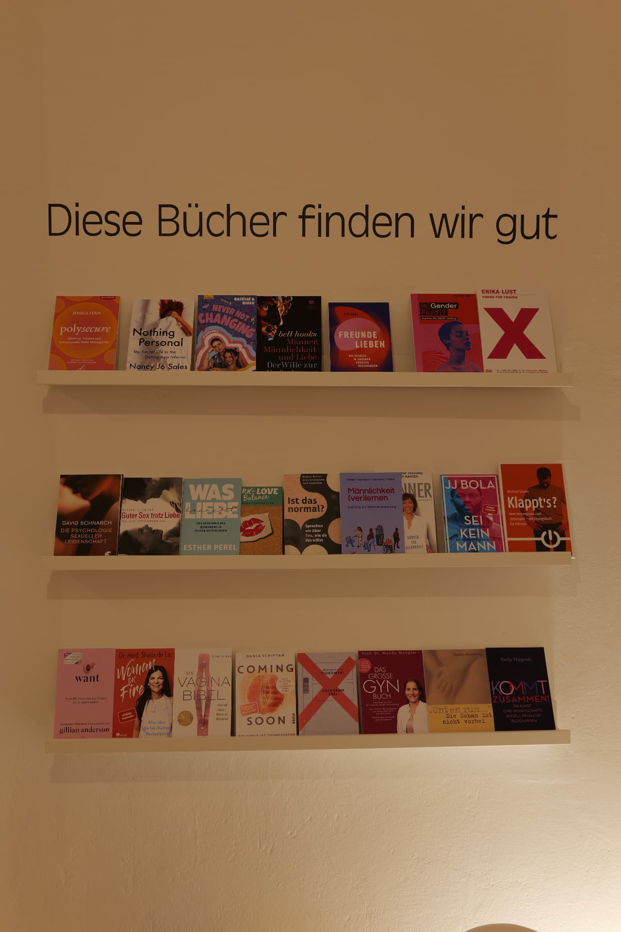 Bücherleisten mit Literatur zu Sexualität und Beziehungen